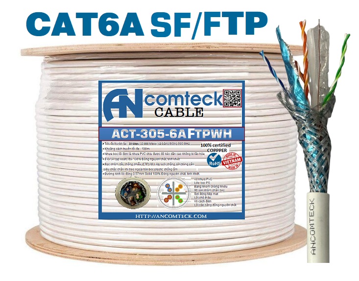 Cáp mạng CAT6A SF FTP bọc bạc chống nhiễu, ANCOMTECK ACT-305-6AFTPWH